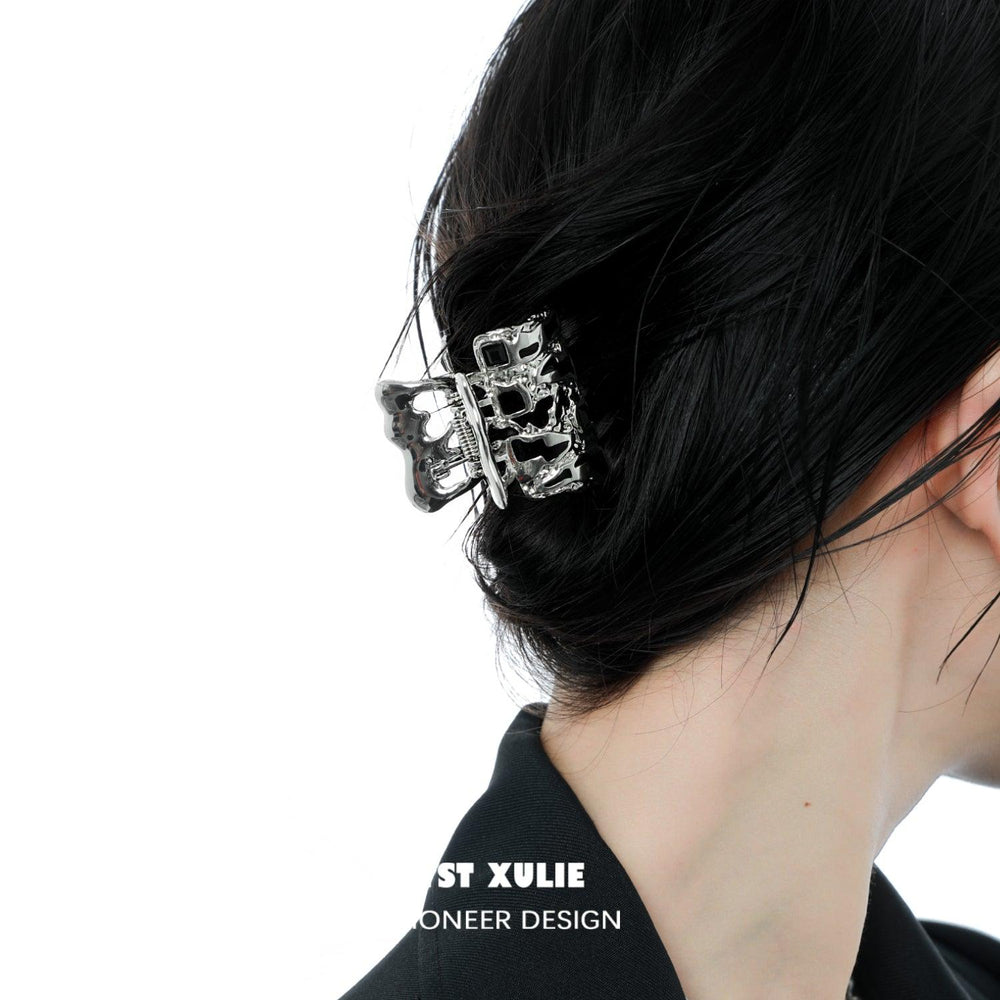 1ST XULIE "Checkerboard" Mini Hair Claw Clip in Platinum Plated - On Model Close-up