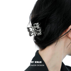 1ST XULIE "Checkerboard" Mini Hair Claw Clip in Platinum Plated - On Model Close-up