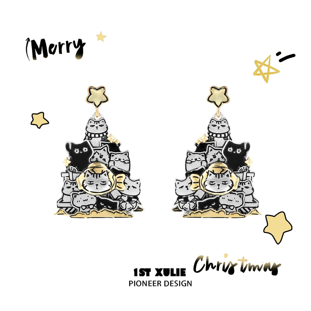 1ST XULIE "MERRY CHRISTMAS 2024" Graffiti Kitten Christmas Tree Statement Stud Earrings in Platinum Plating - Detail Shot