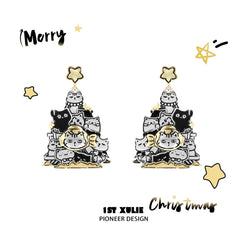 1ST XULIE "MERRY CHRISTMAS 2024" Graffiti Kitten Christmas Tree Statement Stud Earrings in Platinum Plating - Detail Shot