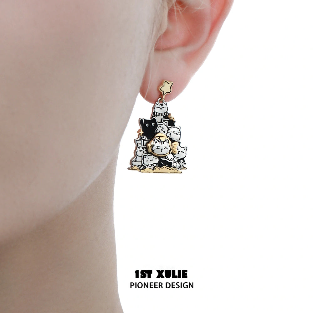 1ST XULIE "MERRY CHRISTMAS 2024" Graffiti Kitten Christmas Tree Statement Stud Earrings in Platinum Plating - Product View
