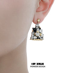 1ST XULIE "MERRY CHRISTMAS 2024" Graffiti Kitten Christmas Tree Statement Stud Earrings in Platinum Plating - Product View