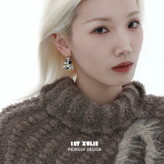 1ST XULIE "MERRY CHRISTMAS 2024" Graffiti Kitten Christmas Tree Statement Stud Earrings in Platinum Plating - Side View