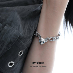 1ST XULIE "Cat's Gaze" Chunky Diablo Cat Head Charm Bracelet in Platinum Plated - Side View