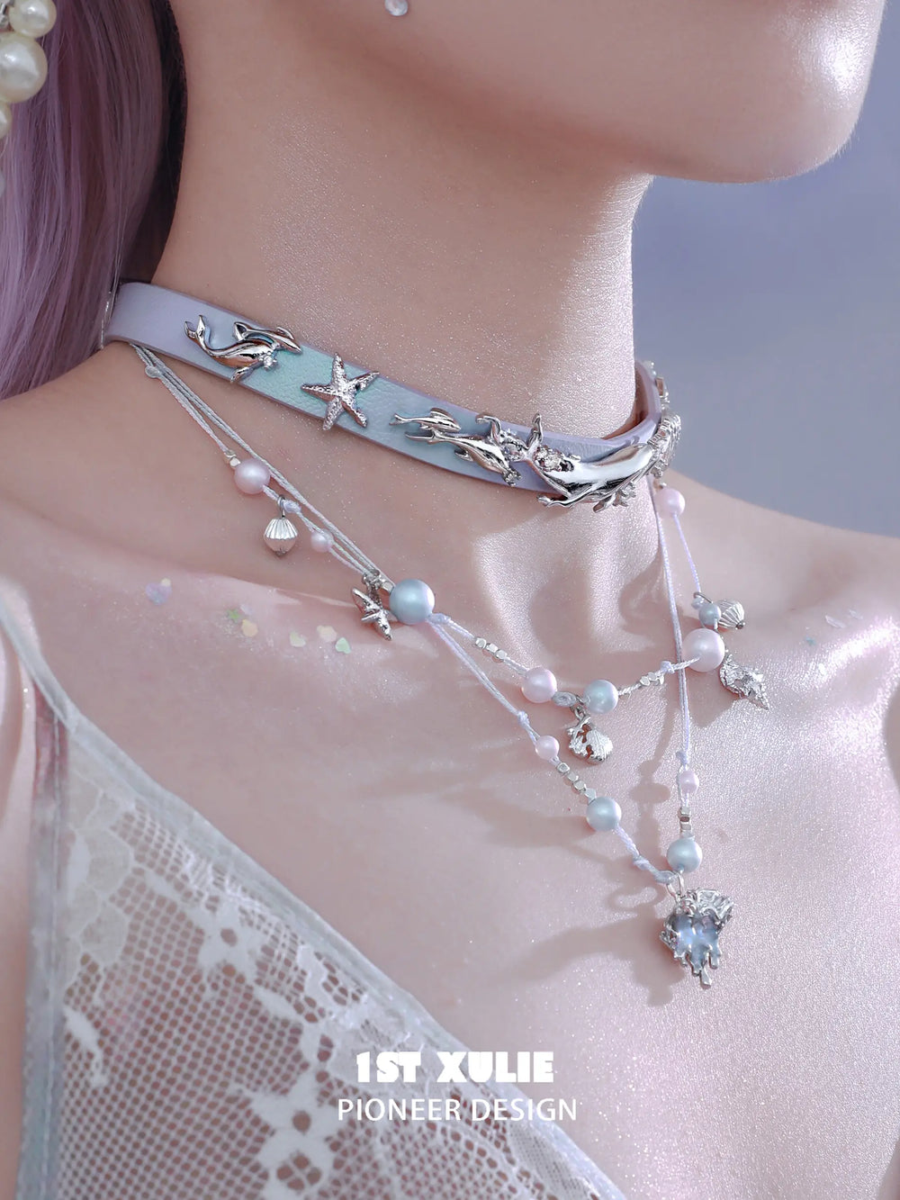 1ST XULIE "ATLANTIS" Coastal Double Layer Conch Choker in Platinum Plated Brass - Product View