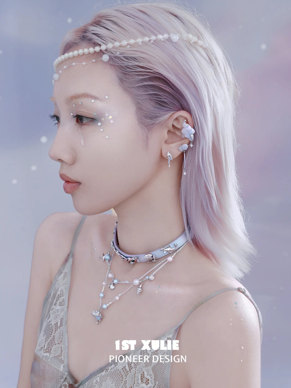 1ST XULIE "ATLANTIS" Coastal Double Layer Conch Choker in Platinum Plated Brass - On Model Close-up