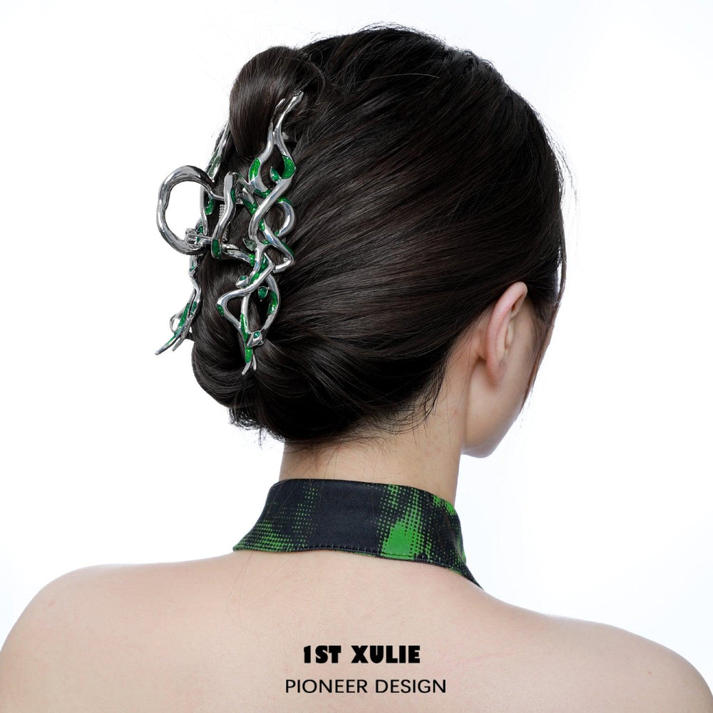 1ST XULIE "Slytherin House" Coiled Serpent Hair Claw in Platinum Plated Brass - Product View