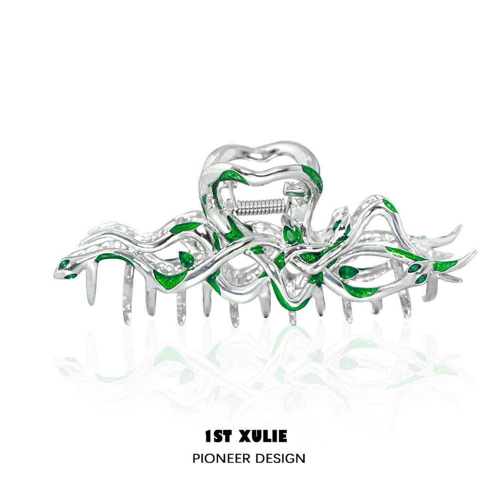 1ST XULIE "Slytherin House" Coiled Serpent Hair Claw in Platinum Plated Brass - On Model