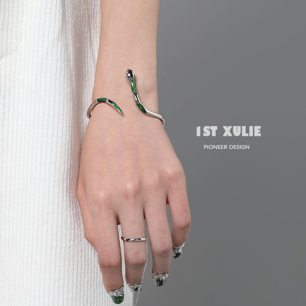 1ST XULIE "Slytherin House" Coiling Serpent Ear Crawler & Cuff Set in Platinum Plated - On Model