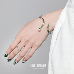 1ST XULIE "Slytherin House" Coiling Serpent Ear Crawler & Cuff Set in Platinum Plated - On Model Close-up of Stud Earring