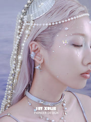 1ST XULIE "ATLANTIS" Mythical Conch & Fish Fin Statement Dangle Earrings in Platinum Plated Brass - Angle View