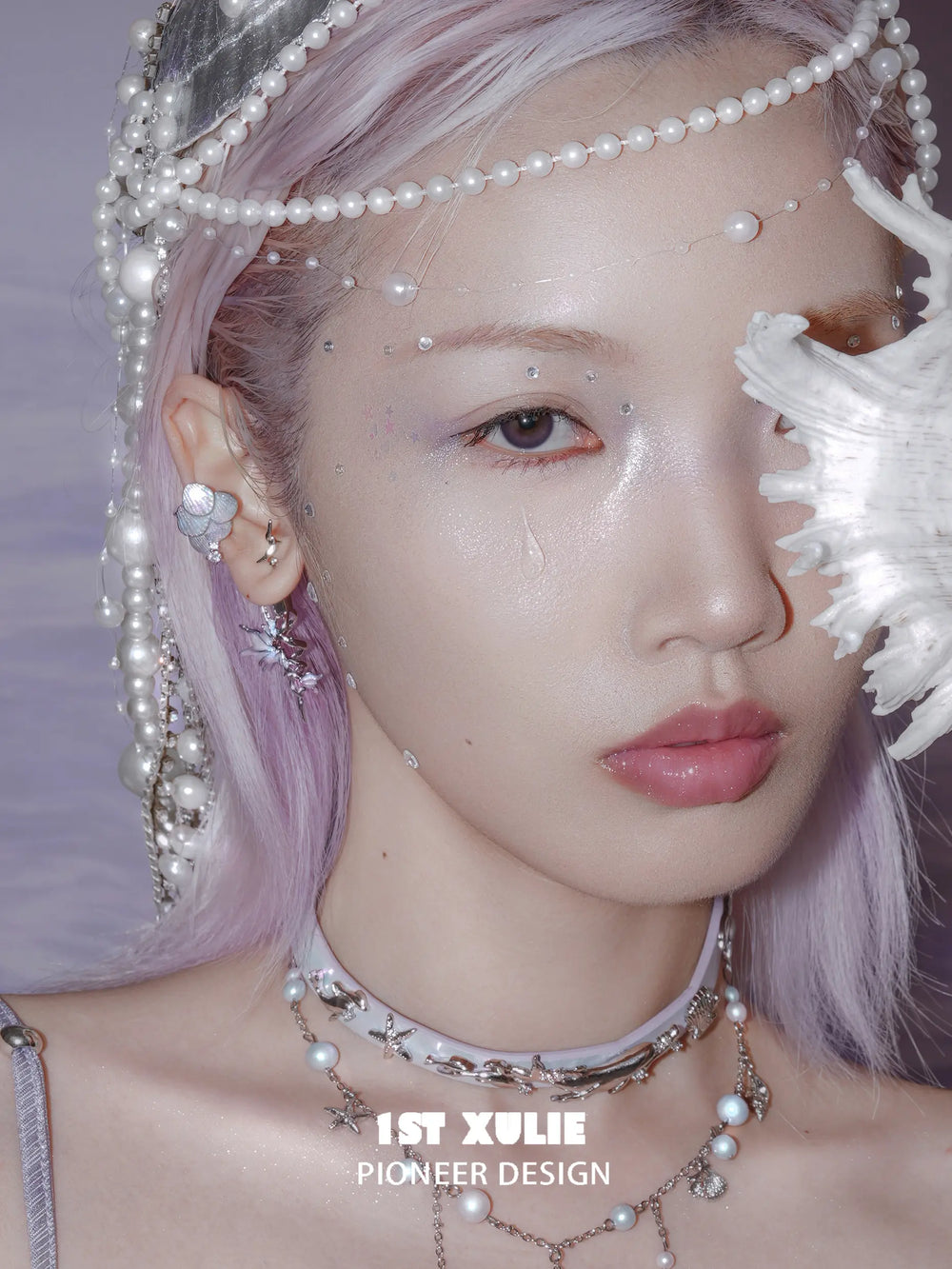 1ST XULIE "ATLANTIS" Mythical Conch & Fish Fin Statement Dangle Earrings in Platinum Plated Brass - Back View