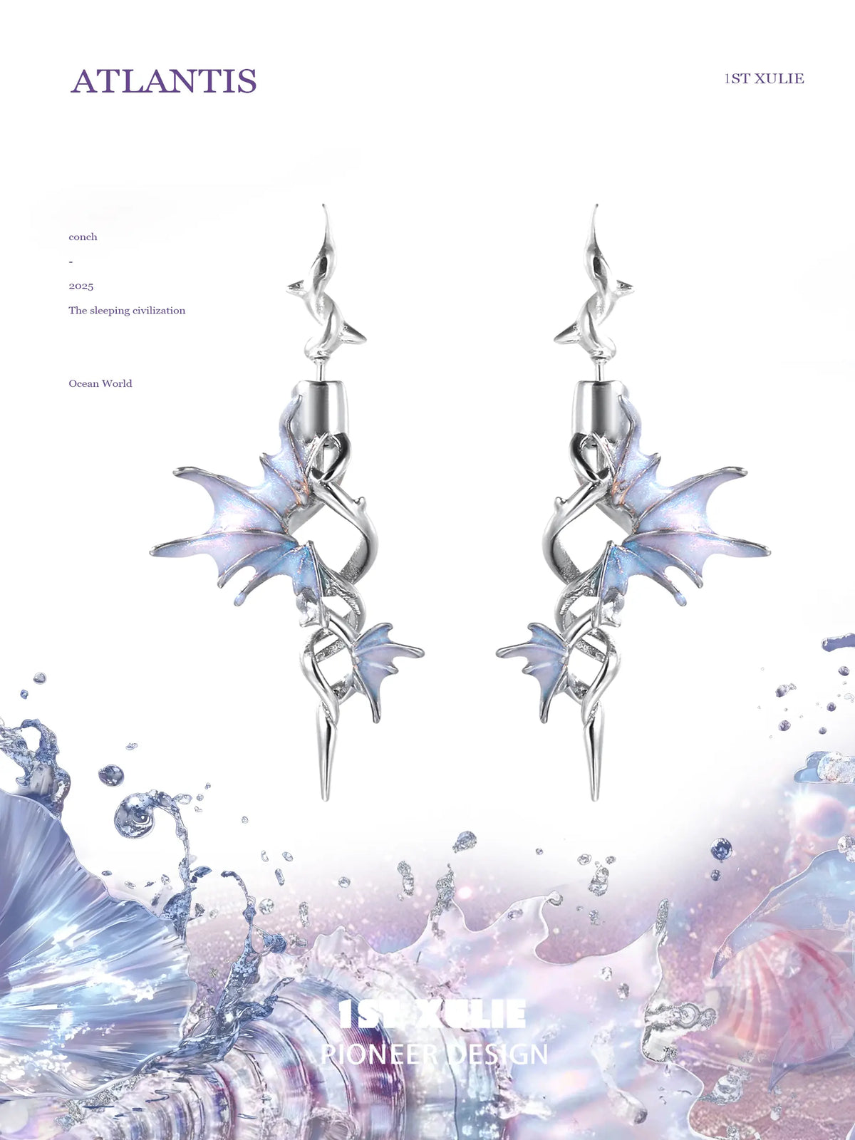 1ST XULIE "ATLANTIS" Mythical Conch & Fish Fin Statement Dangle Earrings in Platinum Plated Brass - Product View