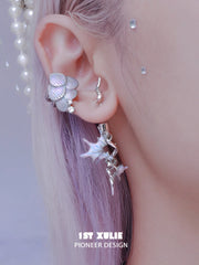 1ST XULIE "ATLANTIS" Mythical Conch & Fish Fin Statement Dangle Earrings in Platinum Plated Brass - On Model