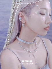 1ST XULIE "ATLANTIS" Mythical Conch & Fish Fin Statement Dangle Earrings in Platinum Plated Brass - Side View