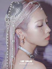 1ST XULIE "ATLANTIS" Mythical Conch & Fish Fin Statement Dangle Earrings in Platinum Plated Brass - Texture Shot