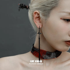 1ST XULIE "Butterfly Wasteland" Convertible Butterfly Hairpin & Earring Set in Black Rhodium Plated - On Model