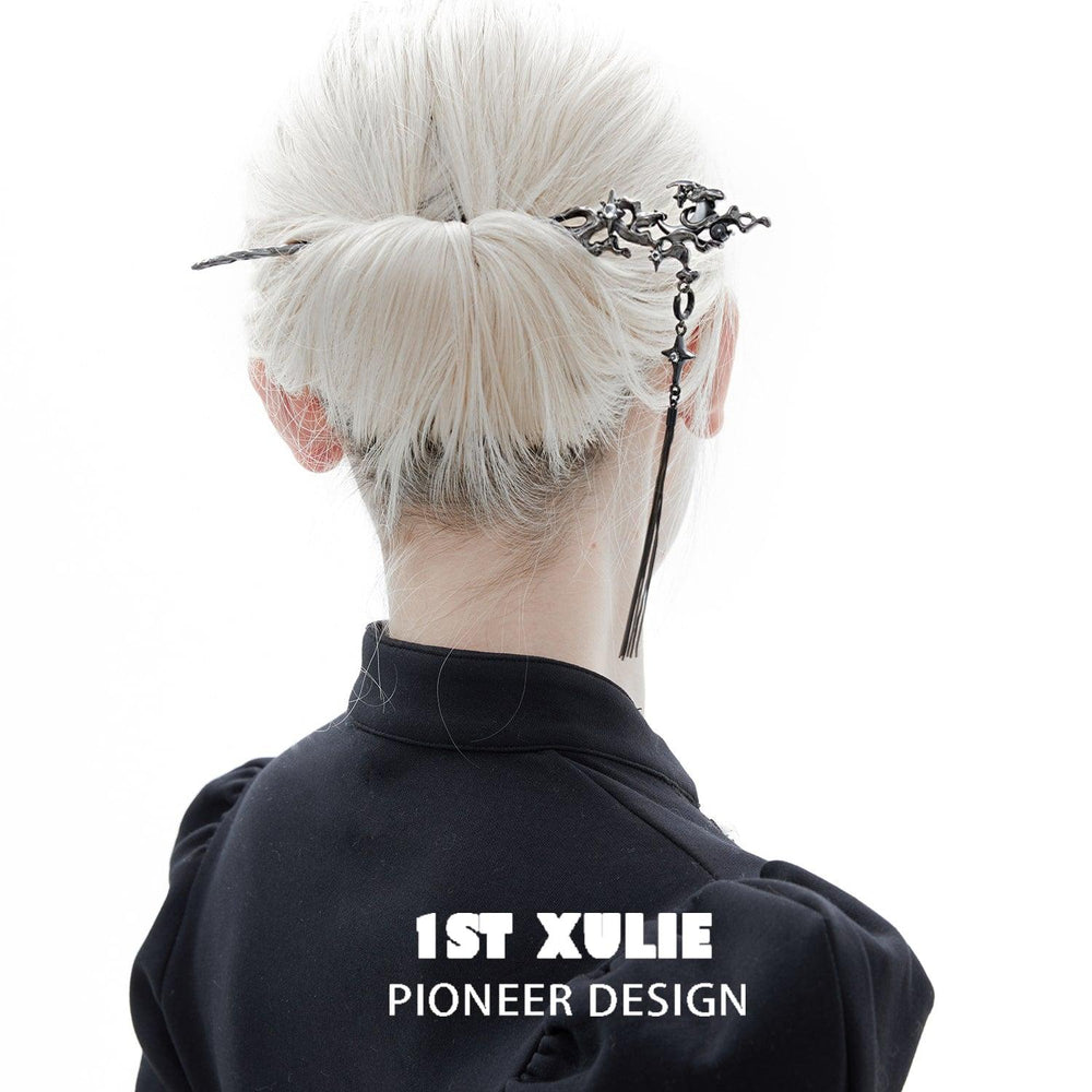 1ST XULIE "MYTH OF THE MOON" Convertible Orchid & Moon Tassel Hairpins in Platinum Plated - Product View