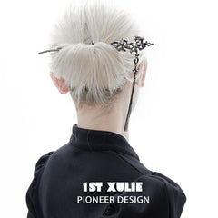 1ST XULIE "MYTH OF THE MOON" Convertible Orchid & Moon Tassel Hairpins in Platinum Plated - Product View