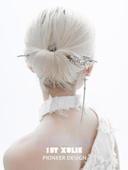 1ST XULIE "MYTH OF THE MOON" Convertible Orchid & Moon Tassel Hairpins in Platinum Plated - On Model Close-up
