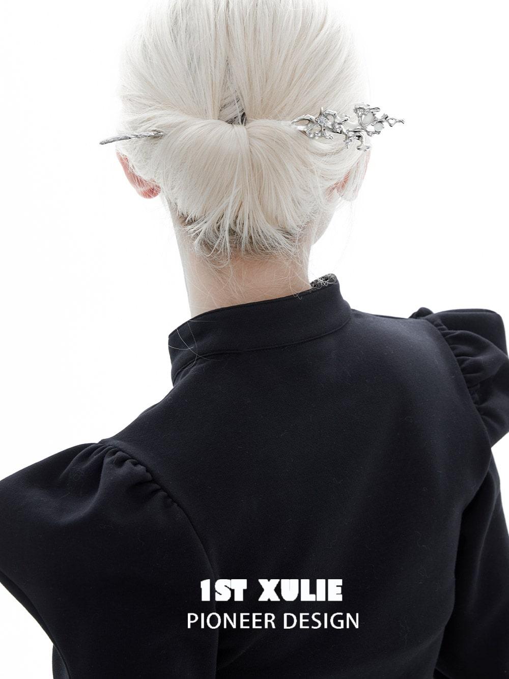 1ST XULIE "MYTH OF THE MOON" Convertible Orchid & Moon Tassel Hairpins in Platinum Plated - Side View