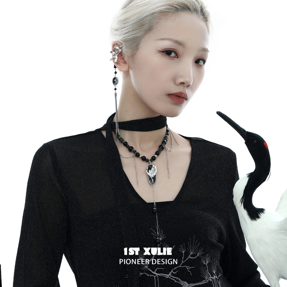 1ST XULIE "Soaring Cranes" Crane Statement Tassel Pendant Necklace in Platinum Plated - Detail Shot