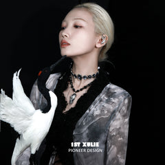 1ST XULIE "Soaring Cranes" Crane Statement Tassel Pendant Necklace in Platinum Plated - On Model