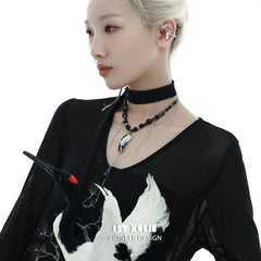 1ST XULIE "Soaring Cranes" Crane Statement Tassel Pendant Necklace in Platinum Plated - On Model Close-Up