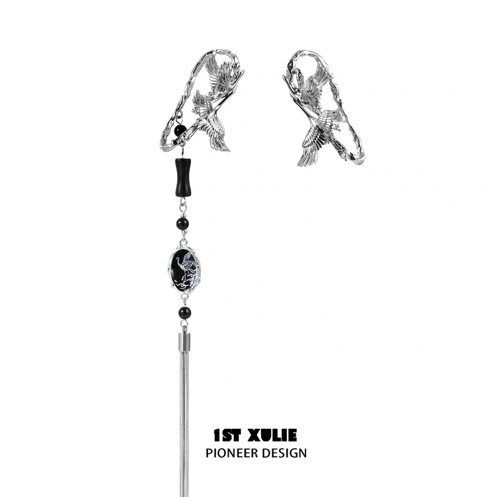 1ST XULIE "Soaring Cranes" Statement Crane Wing Tassel No-Piercing Ear Wraps in Platinum Plated - Product View
