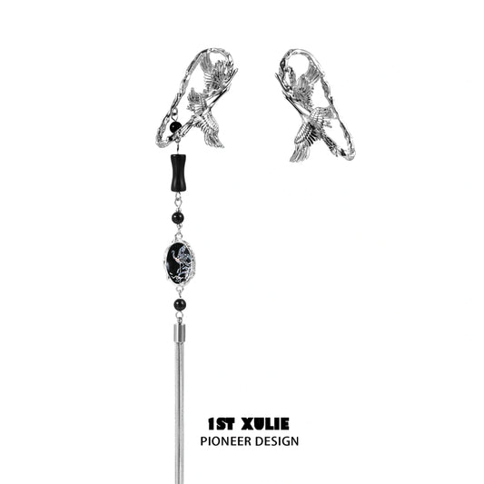 1ST XULIE "Soaring Cranes" Statement Crane Wing Tassel No-Piercing Ear Wraps in Platinum Plated - Product View