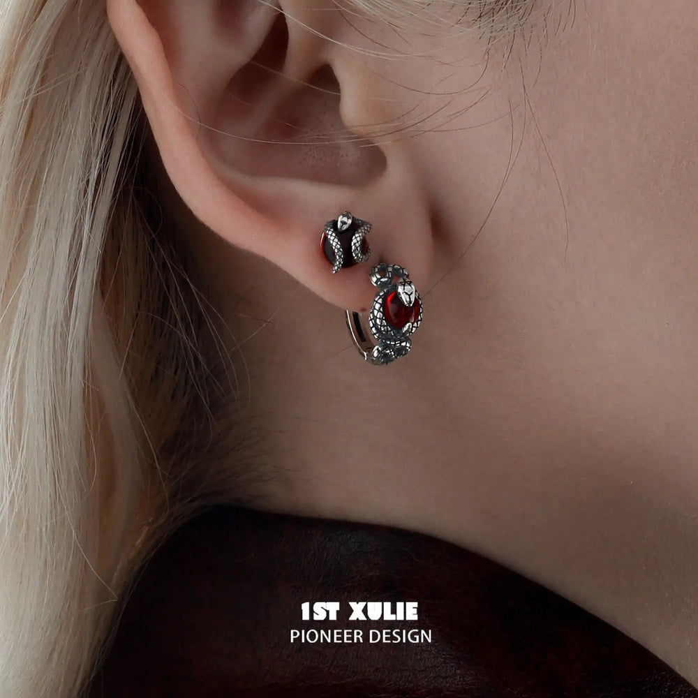 1ST XULIE "Snake Bite" Dainty Crystal Cartilage Huggie Hoop Earrings in 925 Sterling Silver - Side View
