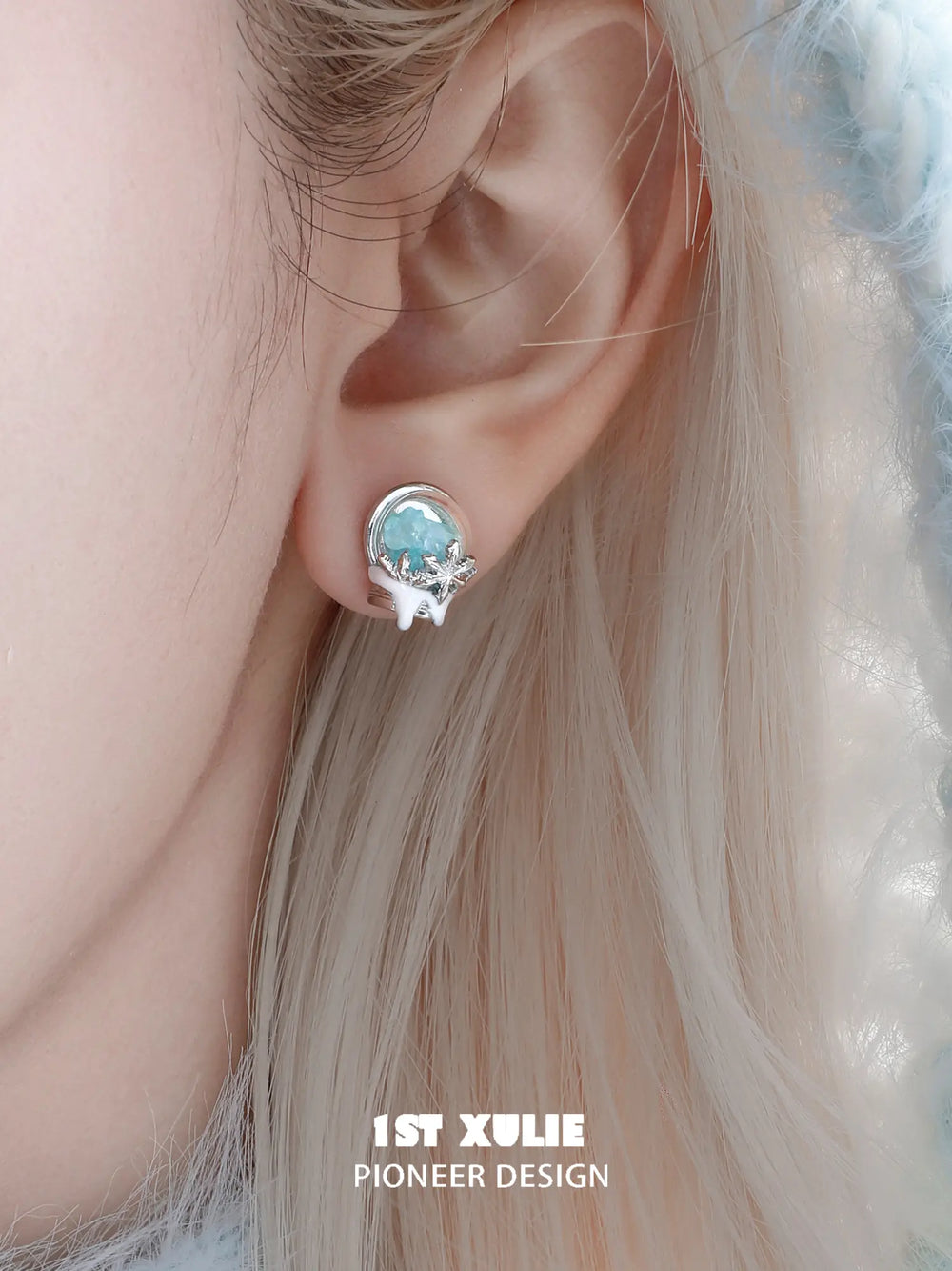 1ST XULIE "Snow Land" Crystal Snowflake Stud Earrings in Platinum - Angle View 2