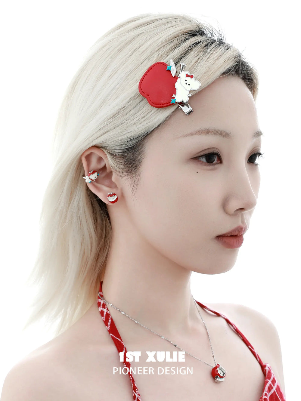 1ST XULIE "Cuties' Appleland" Cute Apple Puppy Hair Clip in Leather and Enamel - Angle View