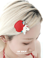 1ST XULIE "Cuties' Appleland" Cute Apple Puppy Hair Clip in Leather and Enamel - Detail Shot