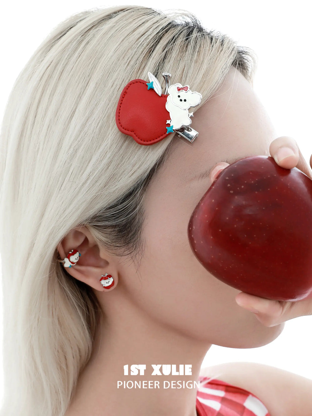 1ST XULIE "Cuties' Appleland" Cute Apple Puppy Hair Clip in Leather and Enamel - Product View