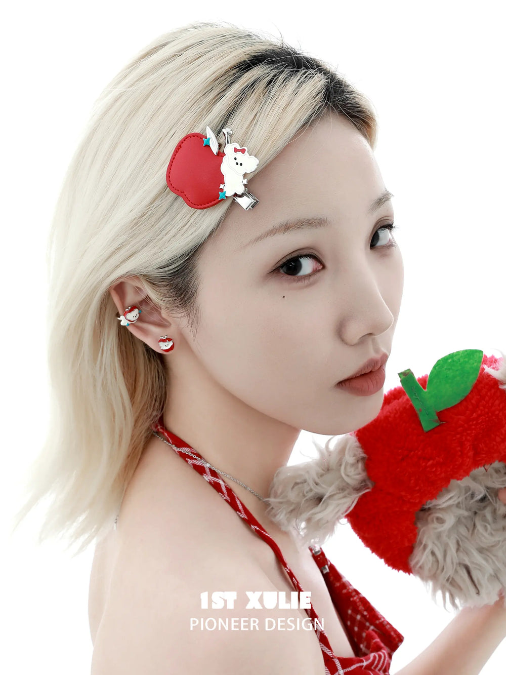 1ST XULIE "Cuties' Appleland" Cute Apple Puppy Hair Clip in Leather and Enamel - On Model