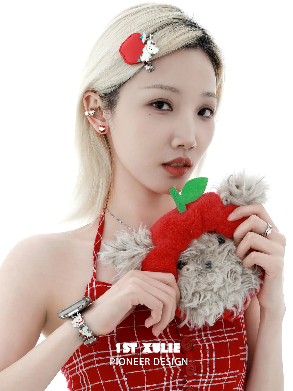 1ST XULIE "Cuties' Appleland" Cute Apple Puppy Hair Clip in Leather and Enamel - Side View