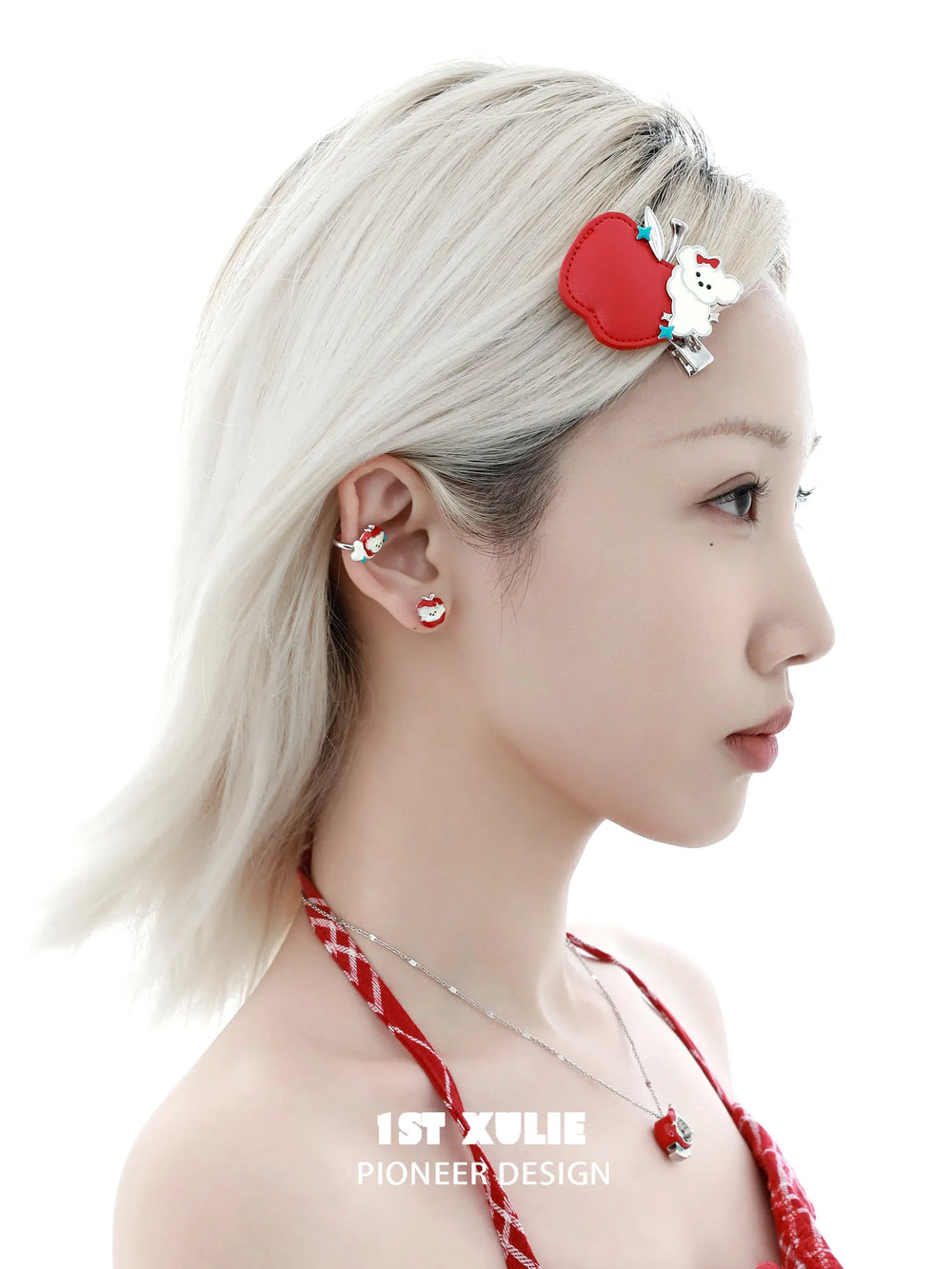 1ST XULIE "Cuties' Appleland" Cute Apple Puppy Hair Clip in Leather and Enamel - Texture Detail