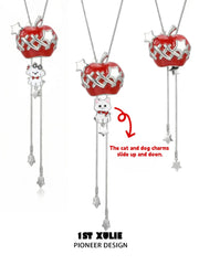 1ST XULIE Jewelry "Cuties' Appleland" Cute Apple Puppy & Kitty Charm Necklace in Platinum Plated - On Model Close Up