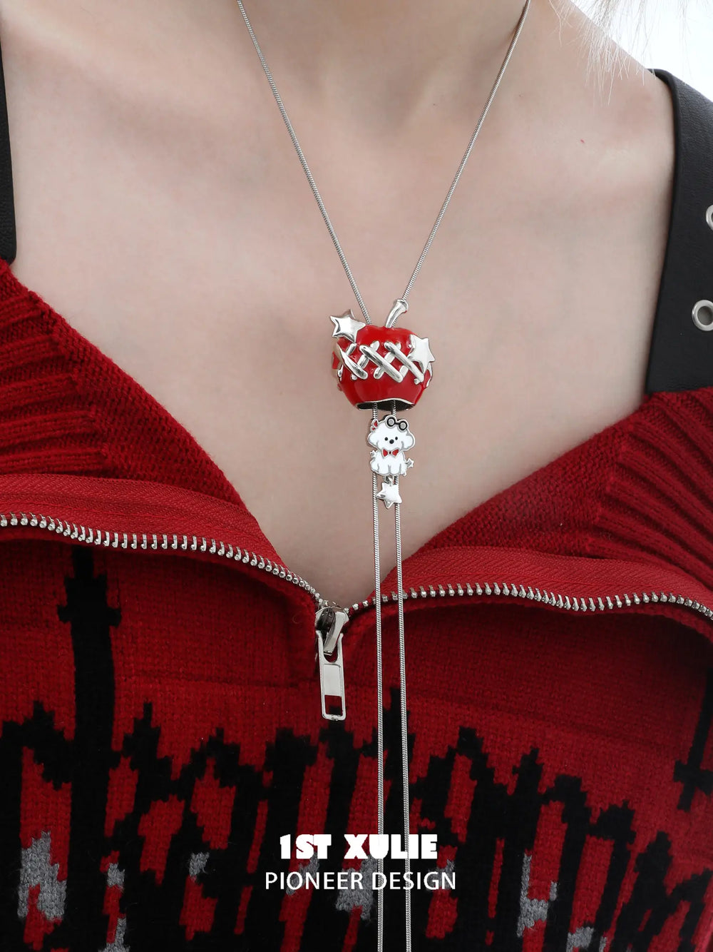 1ST XULIE Jewelry "Cuties' Appleland" Cute Apple Puppy & Kitty Charm Necklace in Platinum Plated - Side View