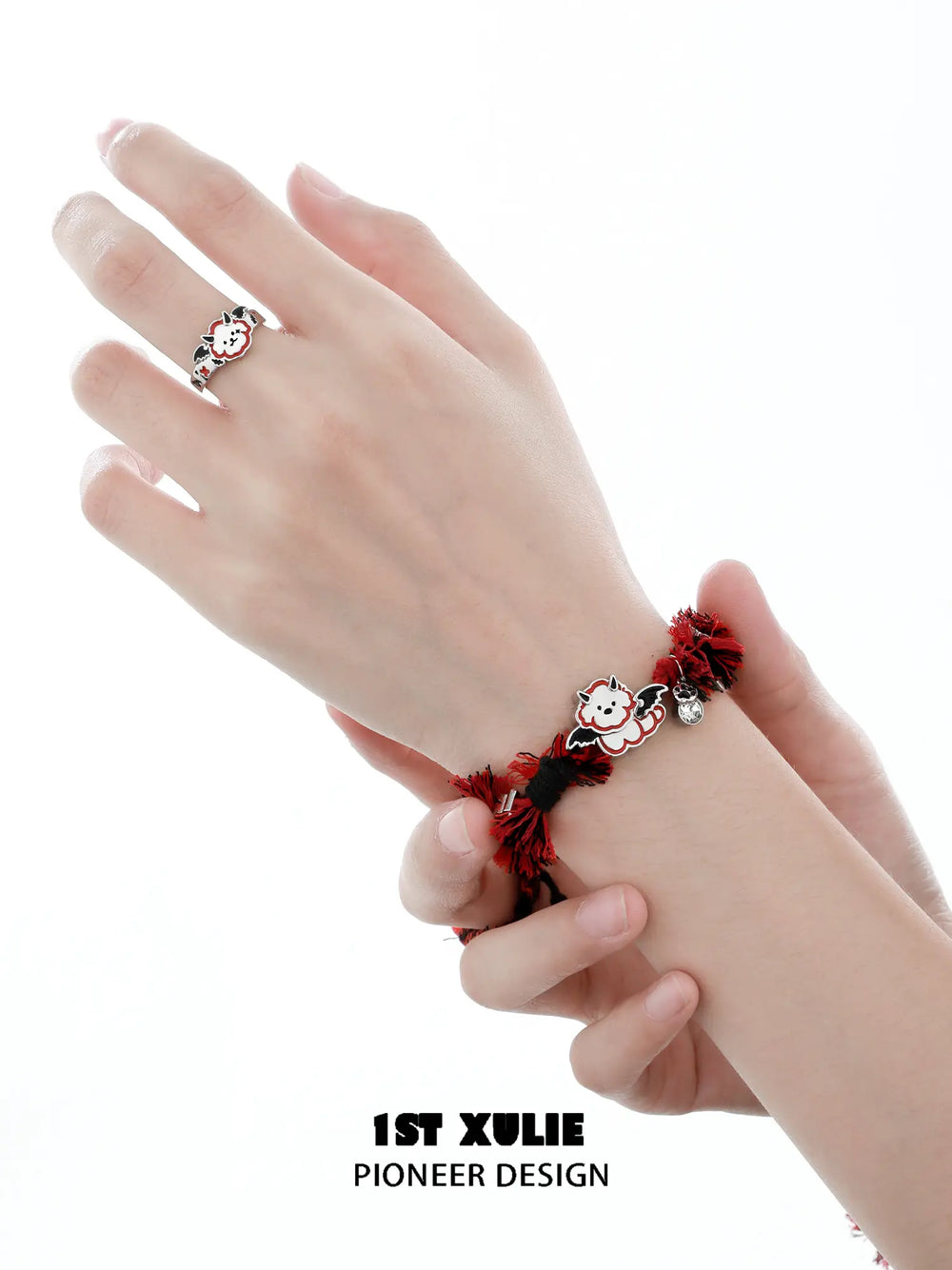 1ST XULIE Jewelry "DEMON CUTIES" Cute Demon Puppy & Kitten Adjustable Open Rings in 925 Sterling Silver - Angle View