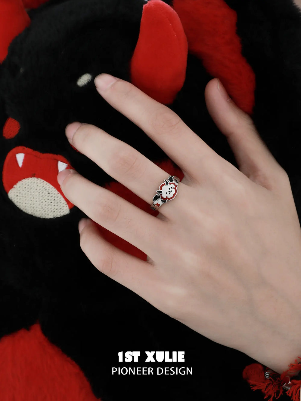 1ST XULIE Jewelry "DEMON CUTIES" Cute Demon Puppy & Kitten Adjustable Open Rings in 925 Sterling Silver - Lifestyle Shot