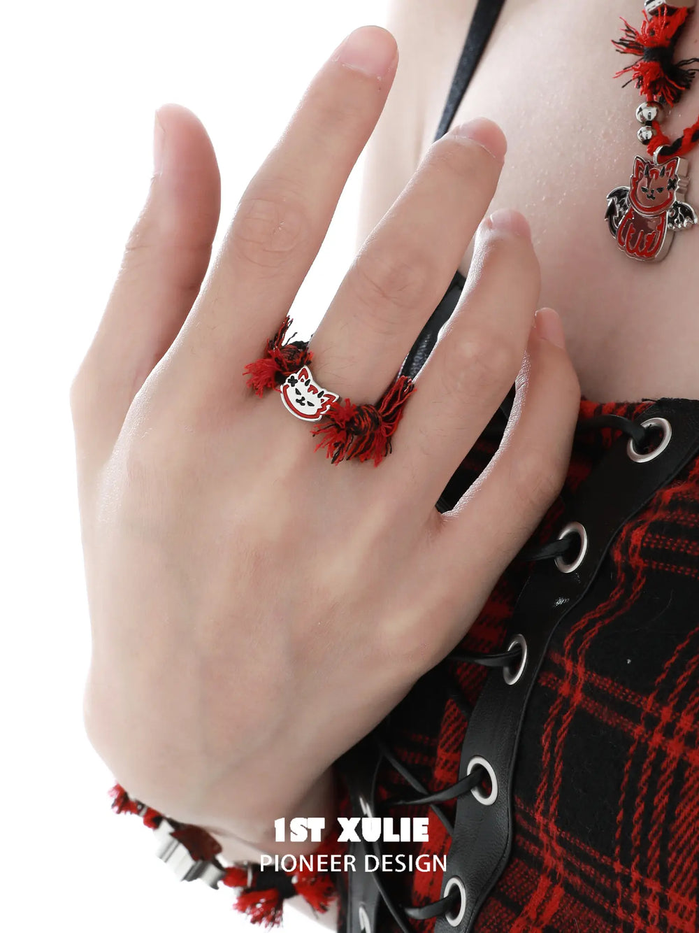 1ST XULIE Jewelry "DEMON CUTIES" Cute Demon Puppy & Kitten Adjustable Open Rings in 925 Sterling Silver - On Model