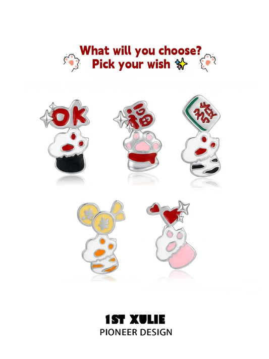 1ST XULIE "Cuties' Appleland" Cute Enamel Cat Paw Apple Studs in Platinum Plated Brass - Product View