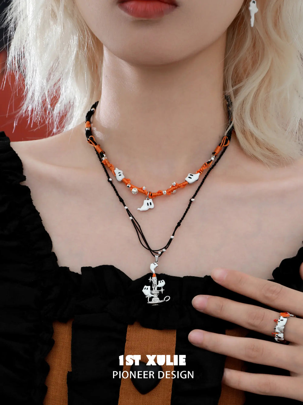 1ST XULIE "CANDLELIGHT GHOST" Cute Ghost Cat Pendant Necklace in Platinum Plated - Detail Shot