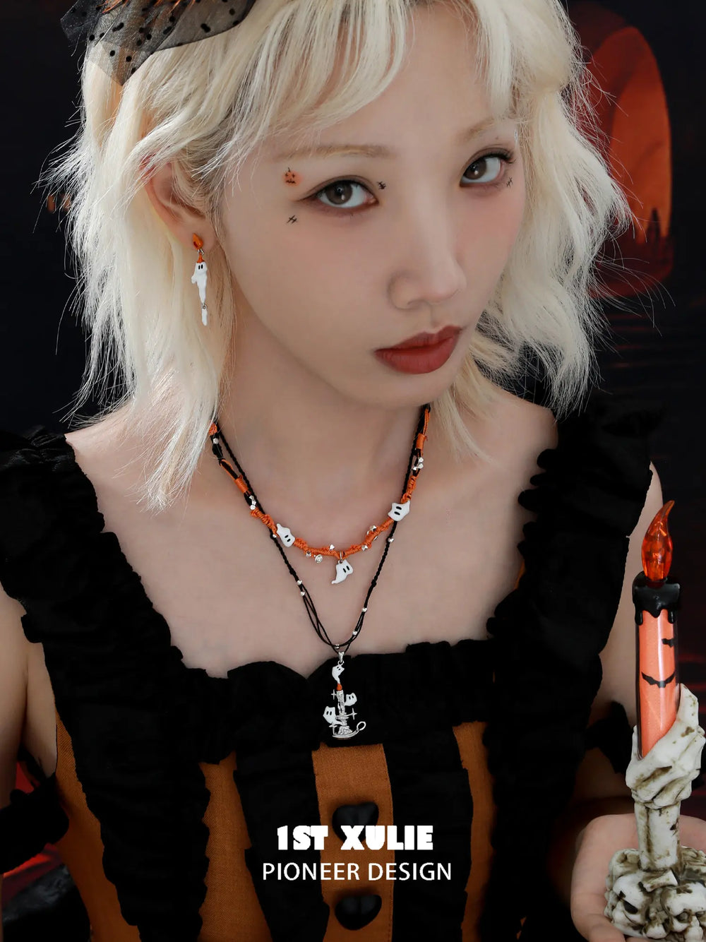 1ST XULIE "CANDLELIGHT GHOST" Cute Ghost Cat Pendant Necklace in Platinum Plated - On Model