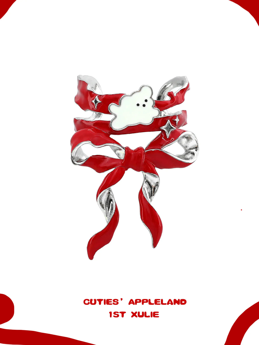 1ST XULIE "Cuties' Appleland" Cute Statement Puppy & Bow Hair Clip in Platinum Plated Brass - Angle View