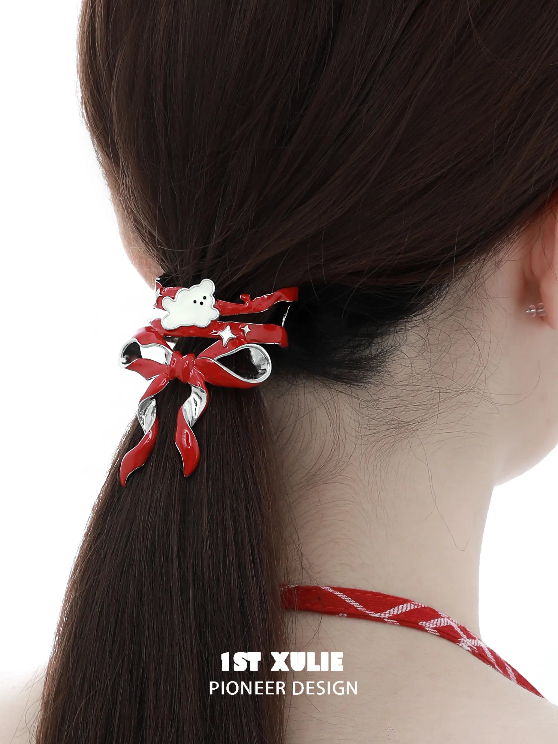 1ST XULIE "Cuties' Appleland" Cute Statement Puppy & Bow Hair Clip in Platinum Plated Brass - Back View 1ST XULIE "Cuties' Appleland" Cute Statement Puppy & Bow Hair Clip in Platinum Plated Brass - Back View