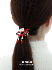 1ST XULIE "Cuties' Appleland" Cute Statement Puppy & Bow Hair Clip in Platinum Plated Brass - Detail Shot