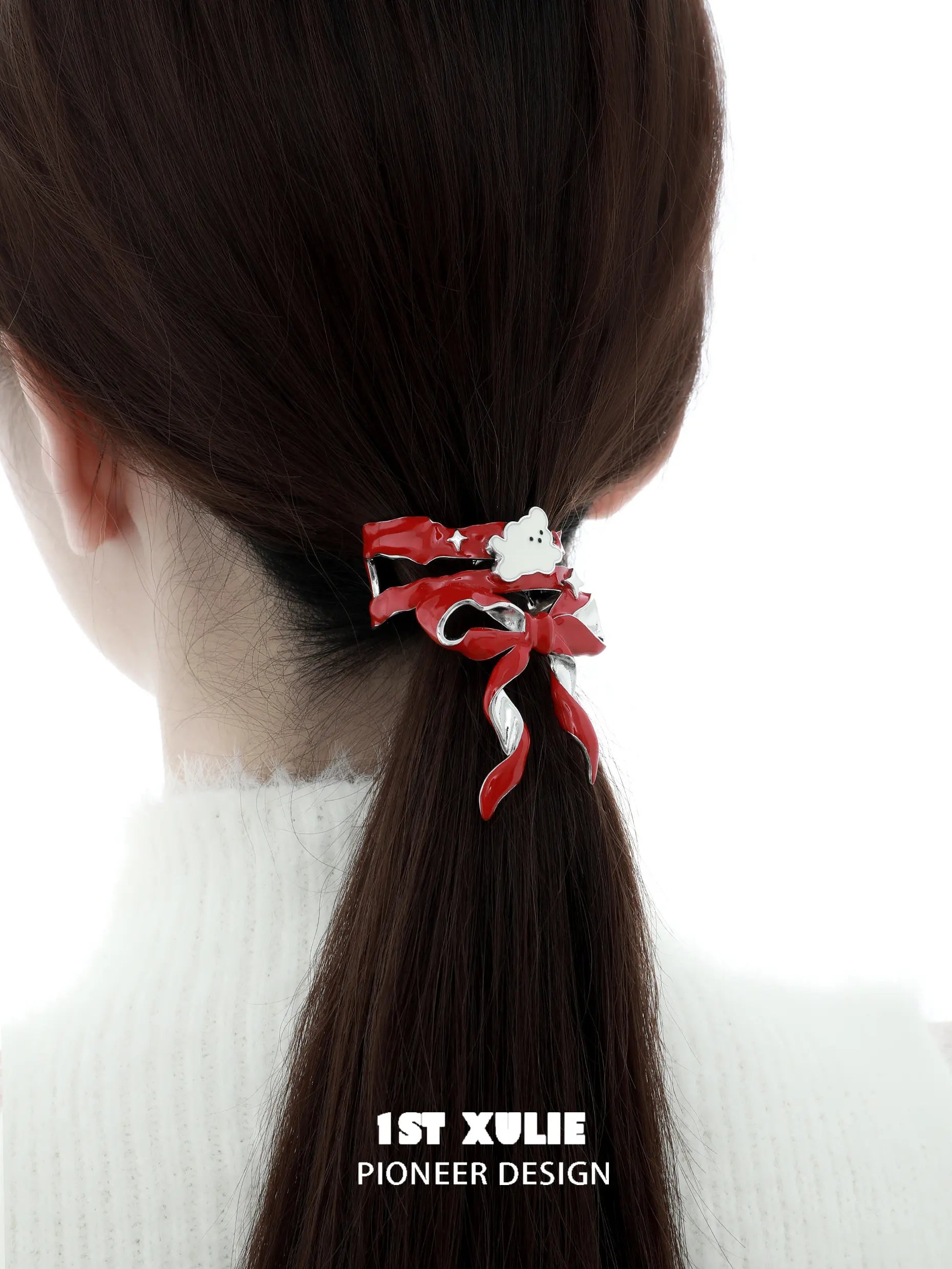 1ST XULIE "Cuties' Appleland" Cute Statement Puppy & Bow Hair Clip in Platinum Plated Brass - Lifestyle Shot 1ST XULIE "Cuties' Appleland" Cute Statement Puppy & Bow Hair Clip in Platinum Plated Brass - Lifestyle Shot